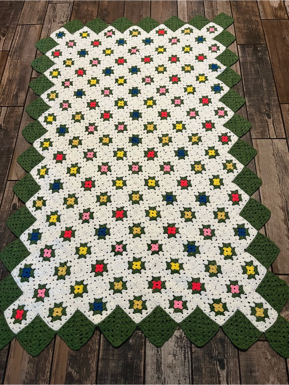 Handmade White Crochet Afghan/ throw with Green Border and Multicolor Flowers